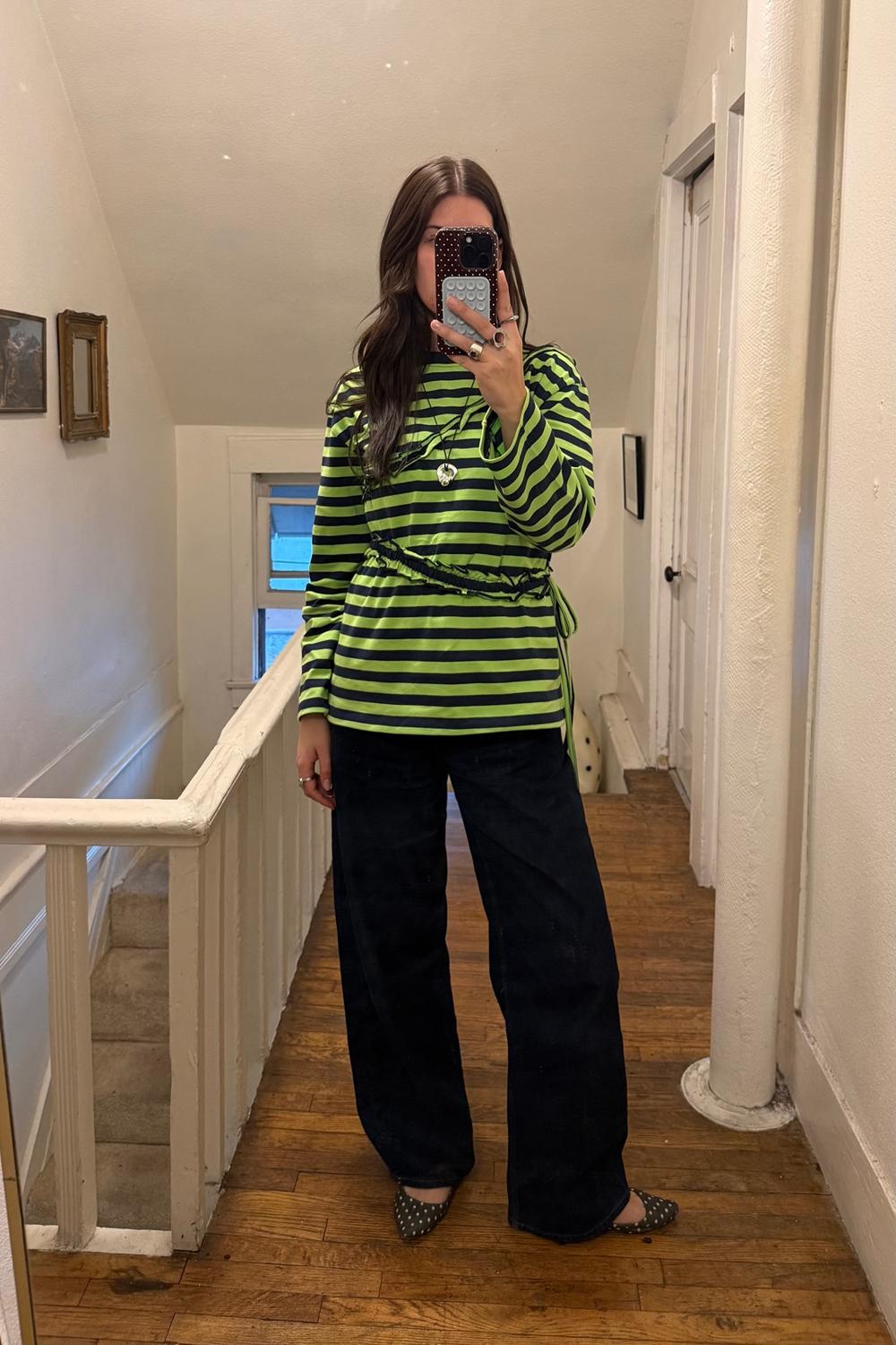 Post featuring Prudie Ruffle Long Sleeve Tee - Navy/Lime