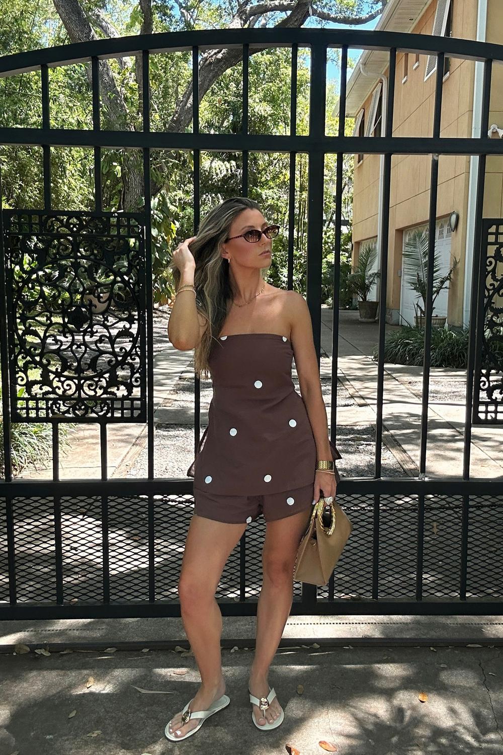 Post featuring Kiki Strapless Top and Shorts Set - Choc/White Polka Dot