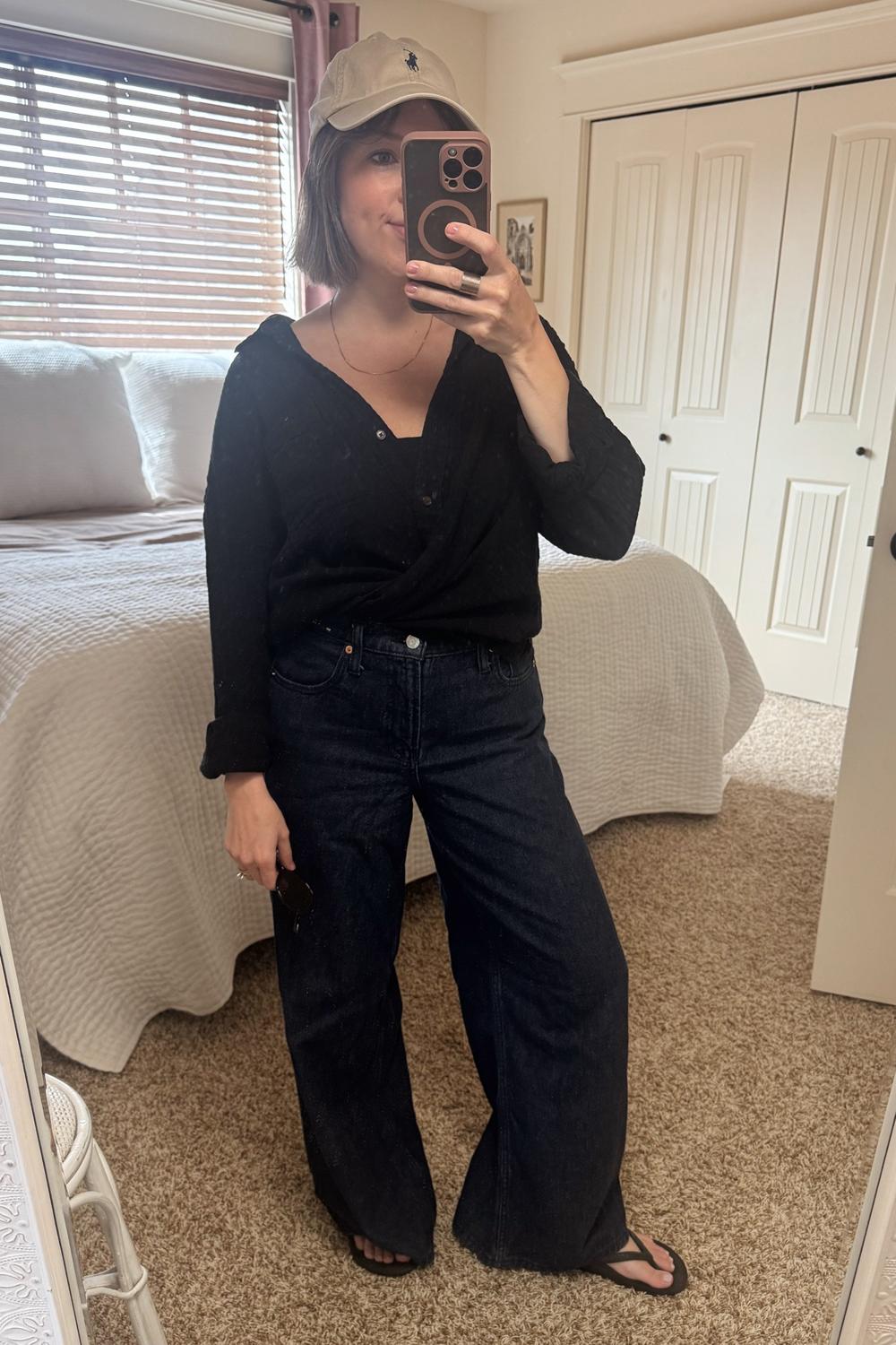 Post featuring Open-Back Crinkle Gauze Button-Down Shirt
