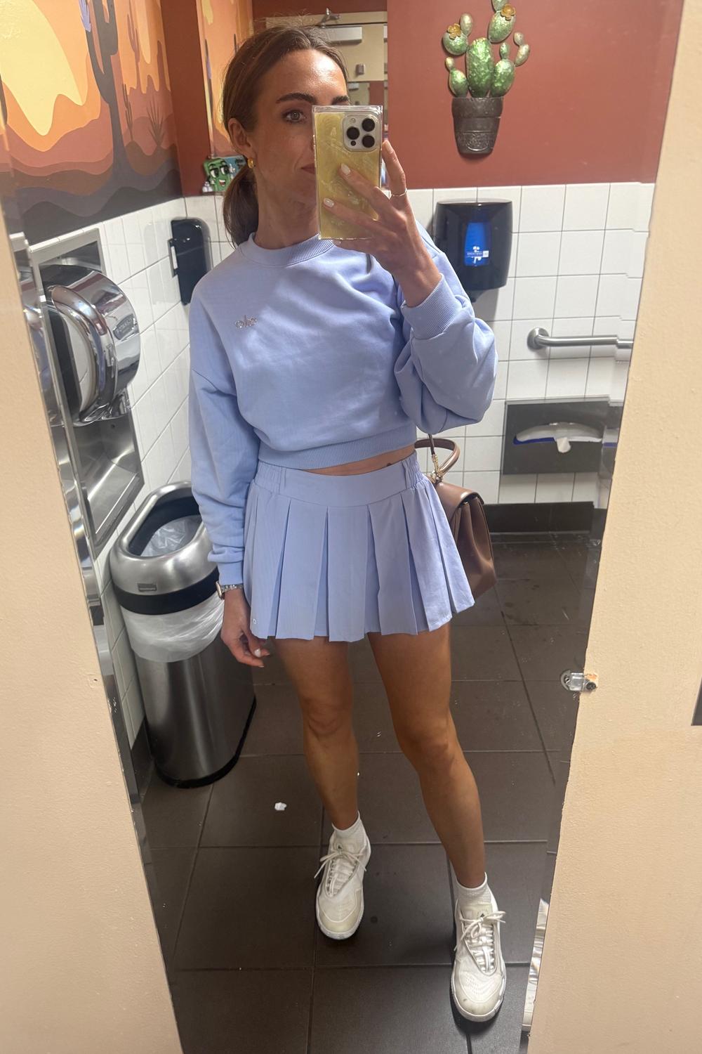 Post featuring ALO | Cropped Accolade Crewneck Top in Light Provence Blue, Size: Large