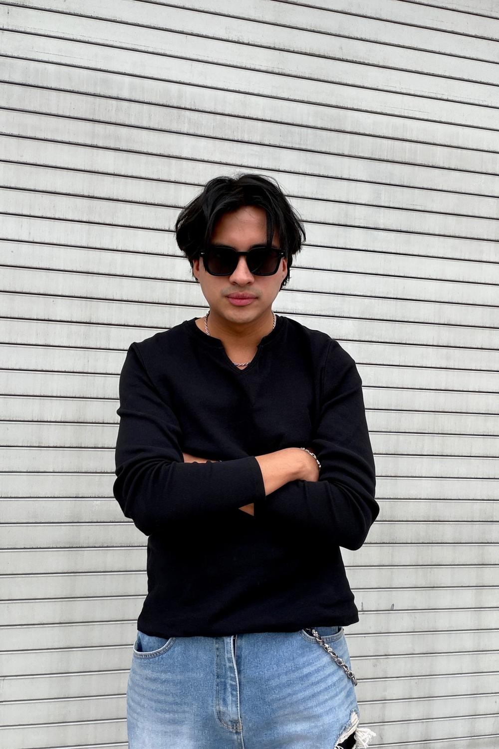 Post featuring ASOS DESIGN muscle fit long sleeve T-shirt with notch neck in black rib