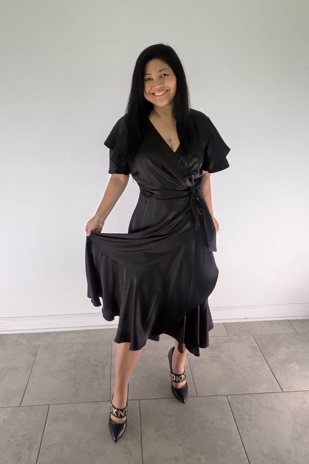 Post featuring DKNY by Donna Karan 3/4 Balloon Sleeve Surplice V-Neck Faux Wrap Gown
