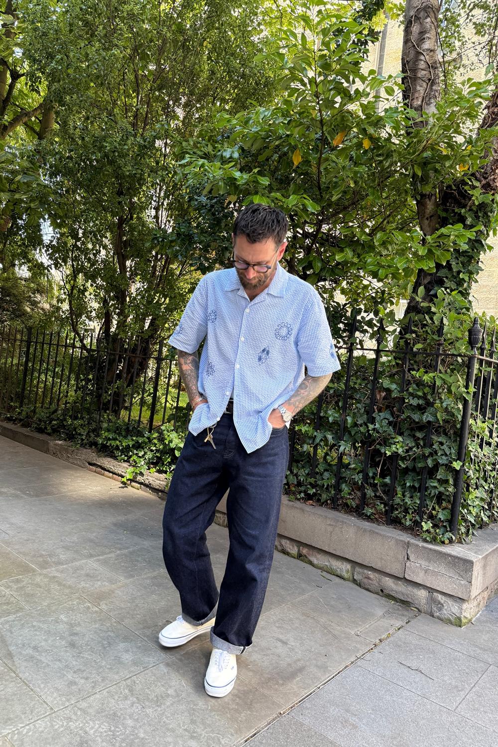 Post featuring Didcot - Blue And Ecru Doodle Seersucker Short-Sleeve Shirt