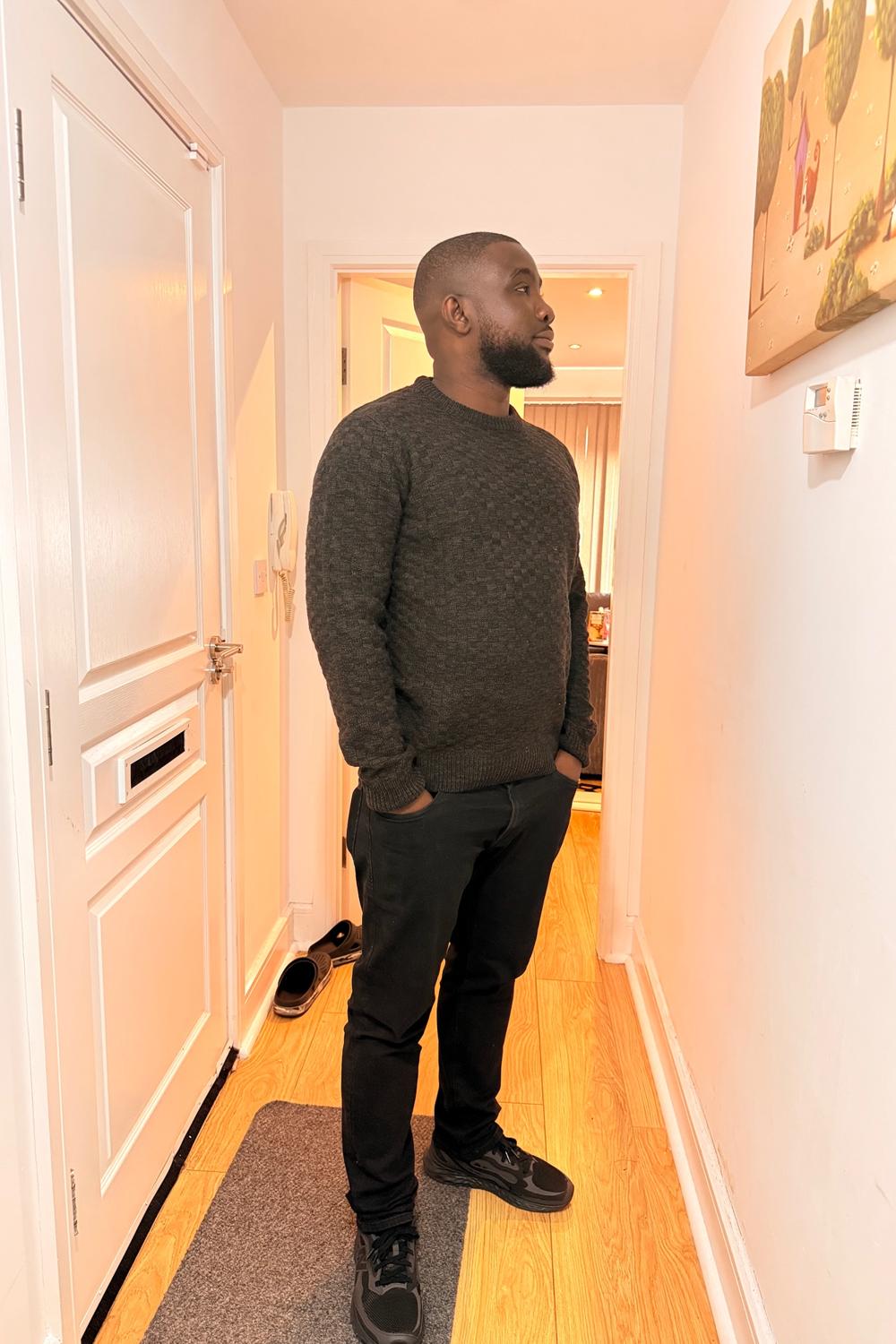 Post featuring Threadbare crew neck textured knitted jumper in black and brown twisted yarn