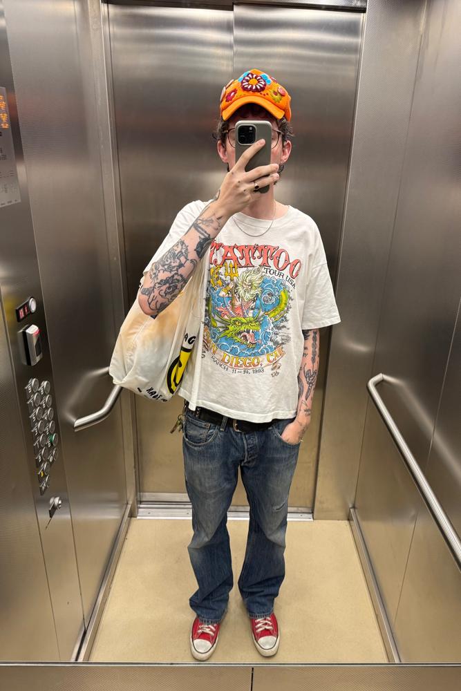 Stowmags's fit featuring Hand Crafted, Converse, BAGGU