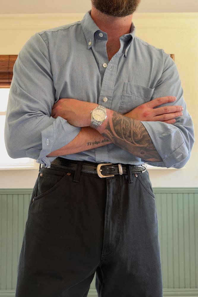 dressedtoamuse's fit featuring Buck Mason, Lee, Trafalgar, Grant Stone, Longines